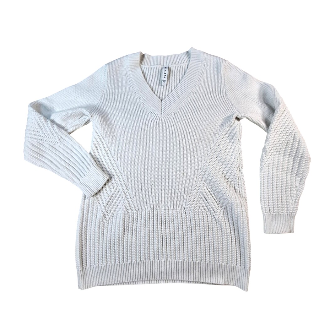 Athleta Sweater Womens Small White V Neck Cable Knit Cotton Blend Pullover Top